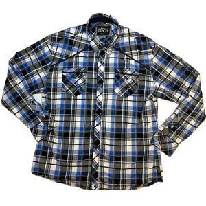 Buckle Black Snap Long Sleeve Plaid Men's Blue Black Button Up Size XXXL 3X